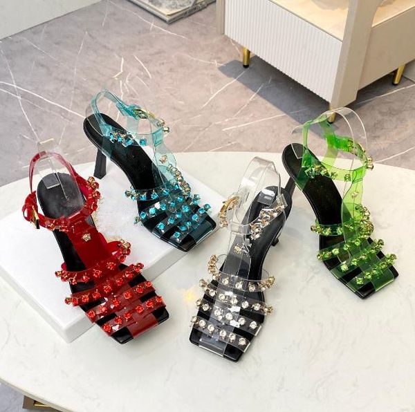 

Designer new PU Roman high-heeled sandals female film Rhinestone stiletto hollowed out ladies banquet shoes wedding strappy women's high heels Sandals 35-42, Green