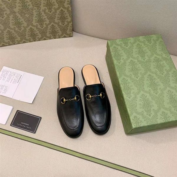 

2022 designer women slippers loafers genuine leather mules princetown female white black metal chain casual walking shoes 35-41237d