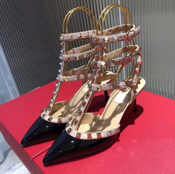 

women rivets sandals high heel pointed shoes 6cm 8cm 10cm thin heels strap sandal bridesmaid genuine leather wedding shoes with box 35-44, Black
