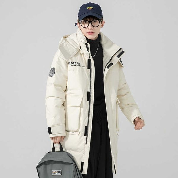 

medium length 2022 down jacket men's winter trend hooded couple's style thickened and warm, Black