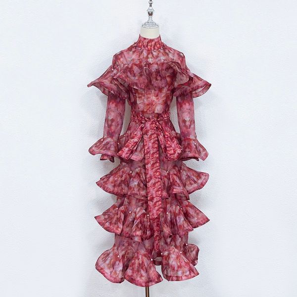 

casual dresses australian designer designed an red printed beaded multilayer sleeve dress lace cake long dress, Black;gray
