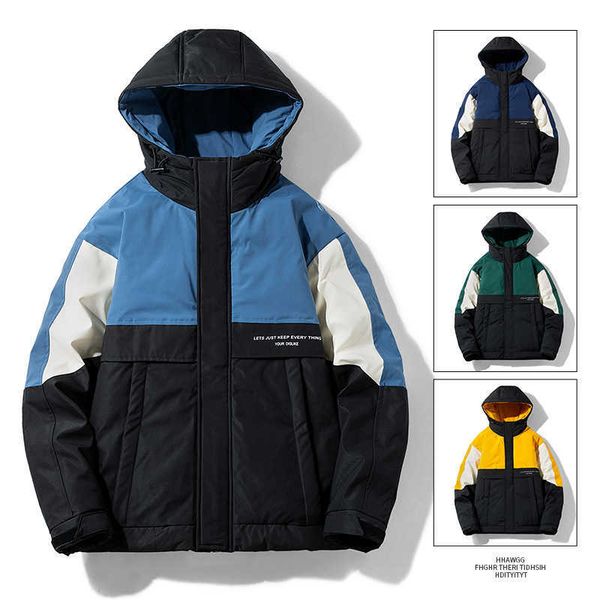 

men's casual 90 white duck down hooded color contrast coat 2022 winter thickened loose warm men, Black