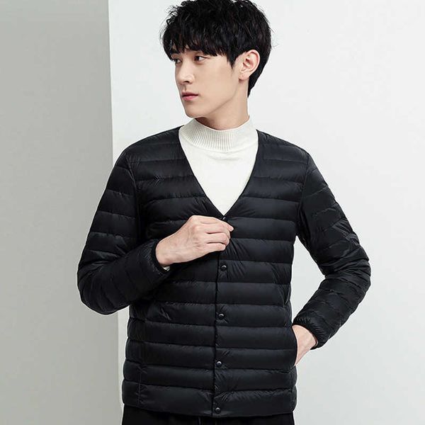 

light and thin 2022 down jacket men's round neck large winter wear v-neck coat, Black