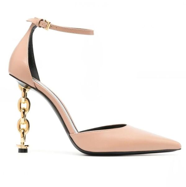 

elegant brand with d'orsay sandals shoes padlock carved gold chain heels women high heels calfskin, Black