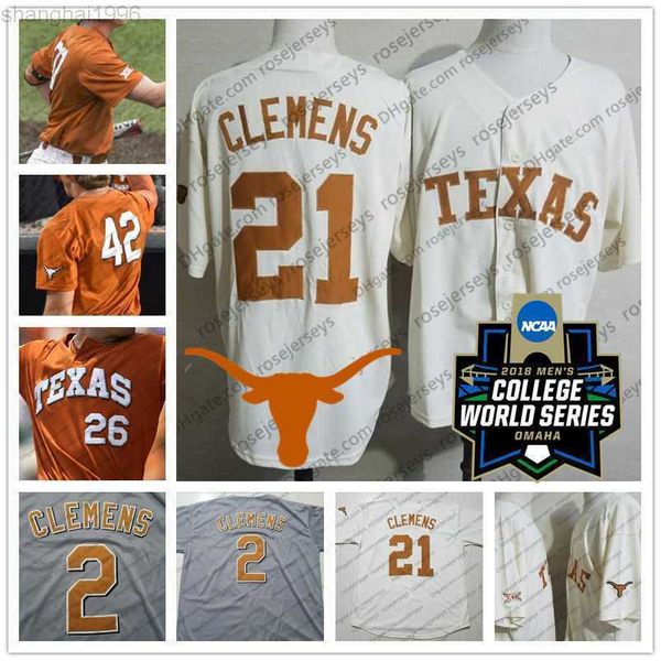 

college baseball wears ncaa texas longhorns #21 roger clemens 7 masen hibbele 27 blair henley 52 zach zubia cream white orange gray retired, Black