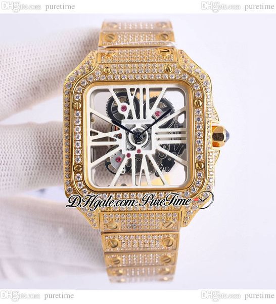

twf twwhsa0007 swiss ronda 4s20 quartz mens watch fully iced out diamonds case 18k yellow gold white roman skeleton diamond bracelet super e, Slivery;brown
