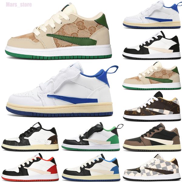 

jumpman 1s basketball shoes for kids womens travis scotts 1 lows patent bred highs hyper university blue taxi dark mocha trainers sports sne, Black