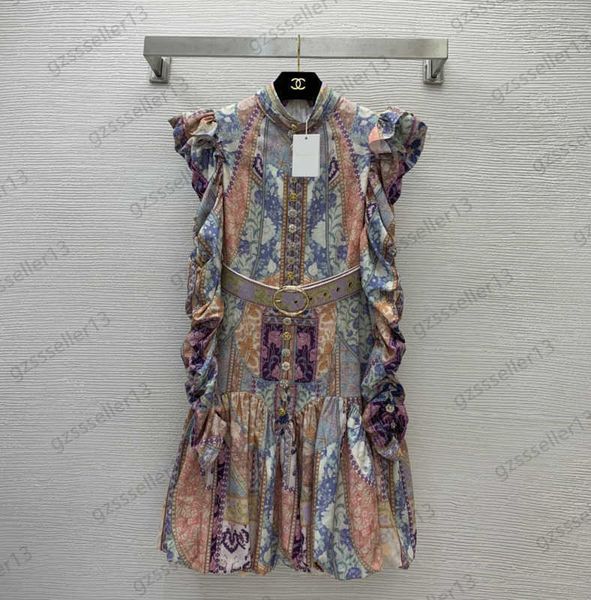 

casual dress womens designer clothing flower drill button ethnic style vintage print belt dresses petal sleeve invisible zipper flap draped, Black;gray
