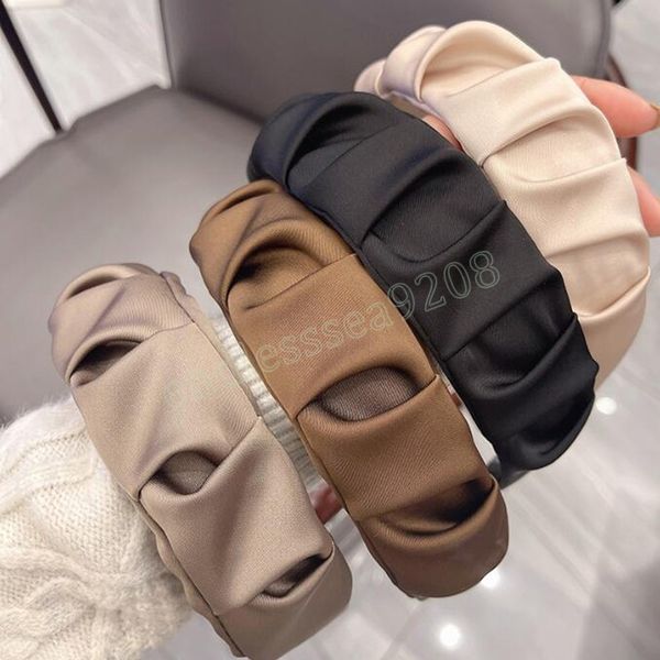 

fashion women headband wide side pleated hairband casual solid color turban autumn headwear hair accessories, Silver