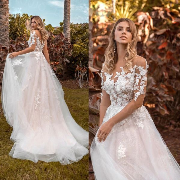 

boho wedding dress 2022 o neckline a-line half sleeves appliques lace elegant wedding gowns, White