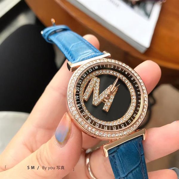 

fashion brand watches women girl crystal big letters rotating dial style leather strap wrist watch m121297h, Slivery;brown