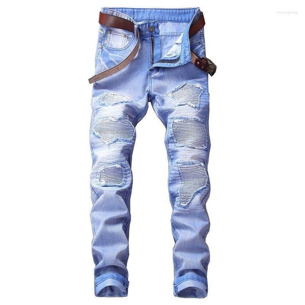 

men's jeans men cross border supply european foreign trade hole multi color locomotive trend pants, Blue