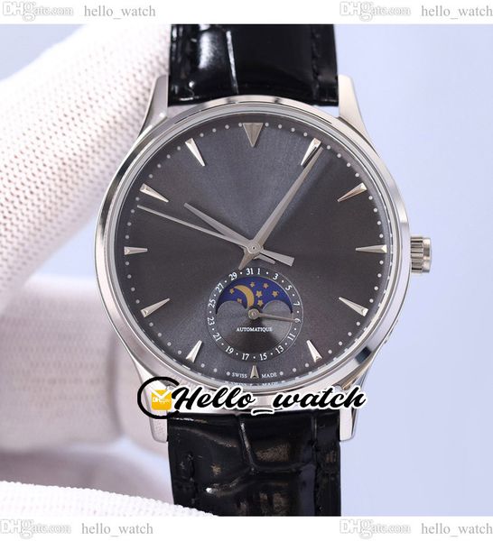 

41mm master ultra thin 1363540 automatic mens watch phases moon gray dial q1363540 steel case black leather strap watches hellowatch e199a7, Slivery;brown