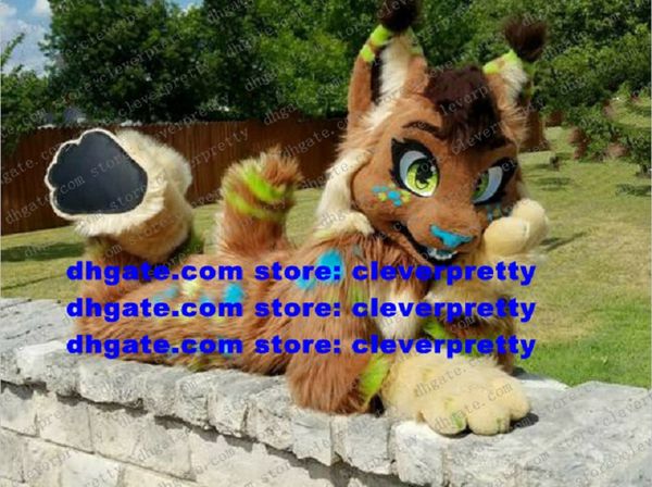 

brown long fur furry wolf mascot costume husky dog fox fursuit cartoon character outfit trade shows animation film zx3003, Red;yellow