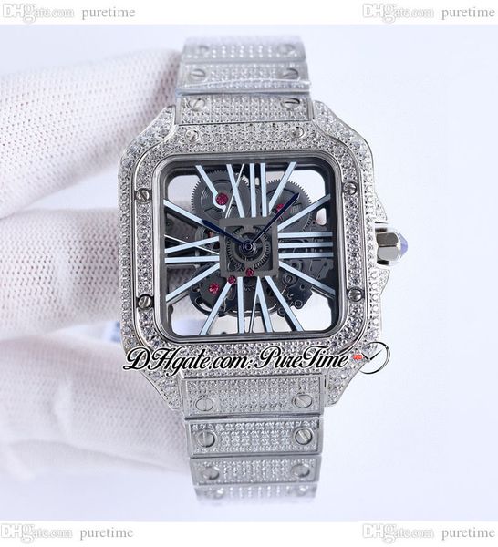 

twf twwhsa0007 swiss ronda 4s20 quartz mens watch fully iced out diamonds case black roman skeleton diamond stainless steel bracelet super e, Slivery;brown