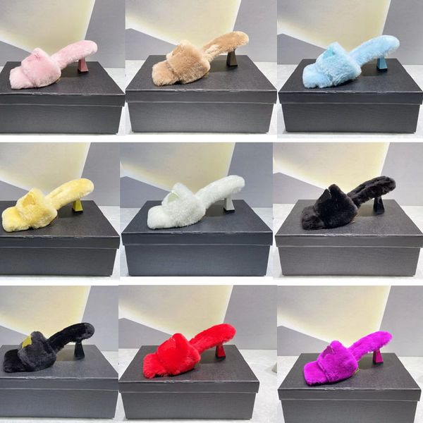 

2022 designer women sheepskin fluffy slides slippers luxury winter wool fluffy head portrait buckle high heeled sandals ladys fashion open t, Black
