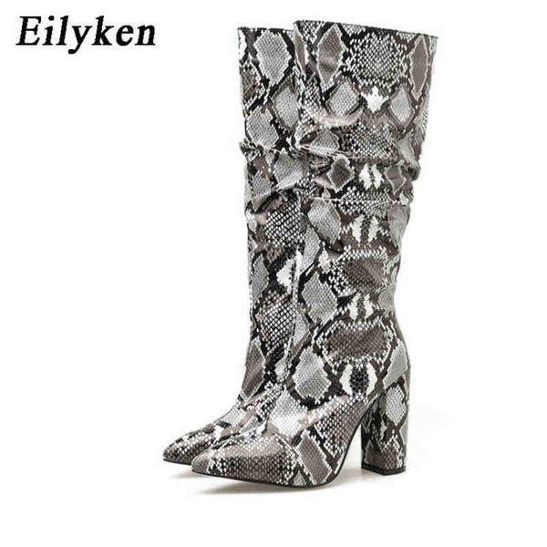 

boots eilyken colorful snake skin boots women high heels thick mid calf boot distressed pointed toe zip shoe pleated boots slouch 220913, Black