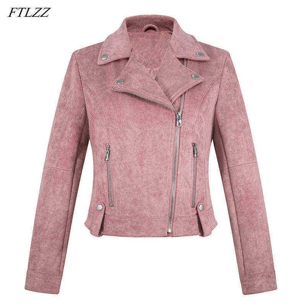 

ftlzz new autumn women faux suede leather short jacket streetwear moto biker female zipper lapel jacket slim fit outfit j220727, Black