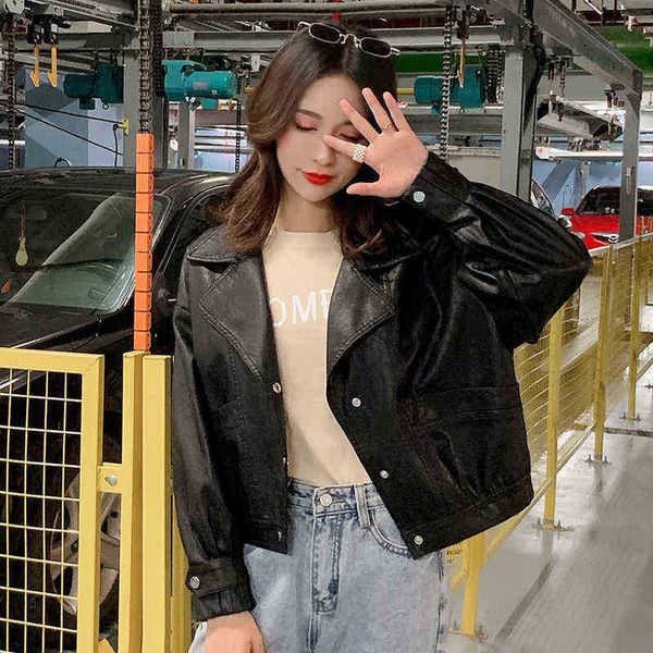 

winter black leather jacket women streetwear loose leather moto jacket korean fashion y2k harajuku cropped jacket women autumn j220727