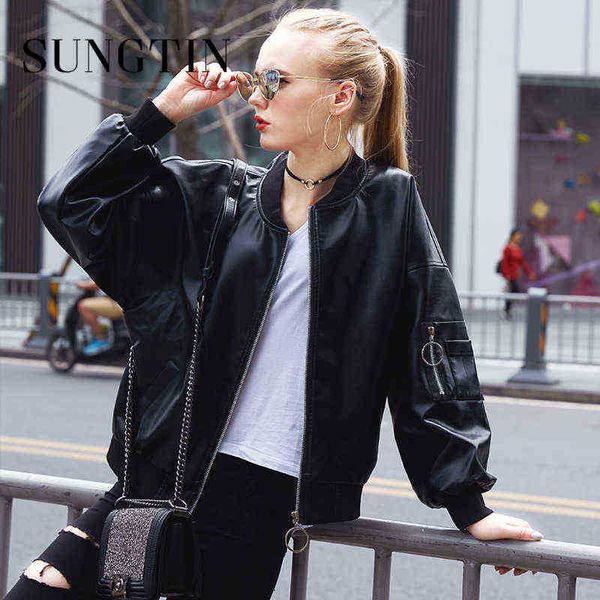 

sungtin faux leather jacket women bomber jacket fashion long sleeve autumn outerwear jacket female loose zipper streetwear j220727, Black