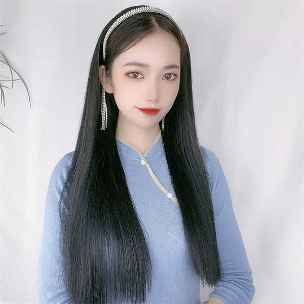 

women's hair wigs lace synthetic women's band half removable black long straight hair wig cap