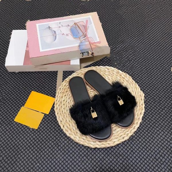 

lambswool slippers luxury indoor warm designer shoes golden metal lock sandals women open toe fur plush autumn winter black leather bottom b