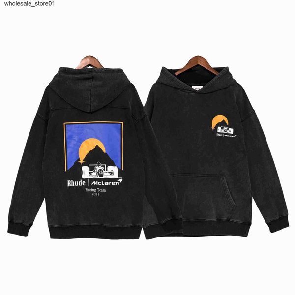 

men's hoodies sweatshirts designer sweater rhude fashion branded racing sunset print casual loose sweater men streetwear hooded, Black