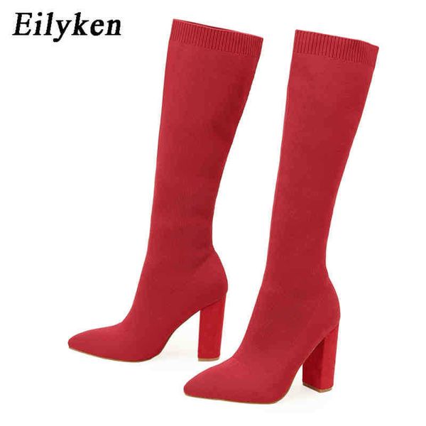 

boots eilyken fashion knitted stretch fabric sewing women knee high boots square high heels warm winter pointed toe ladies sock boots 220913, Black