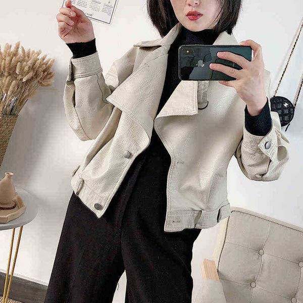 

2022 new ladies pu leather jackets loose moto bikers jacket women long sleeves spring autumn outerwear faux leather jackets j220727, Black