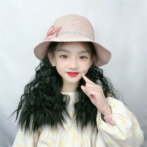 

women's hair wigs lace synthetic children fisherman hat wool curly long hair can be tied with double tail wig head cover, Black