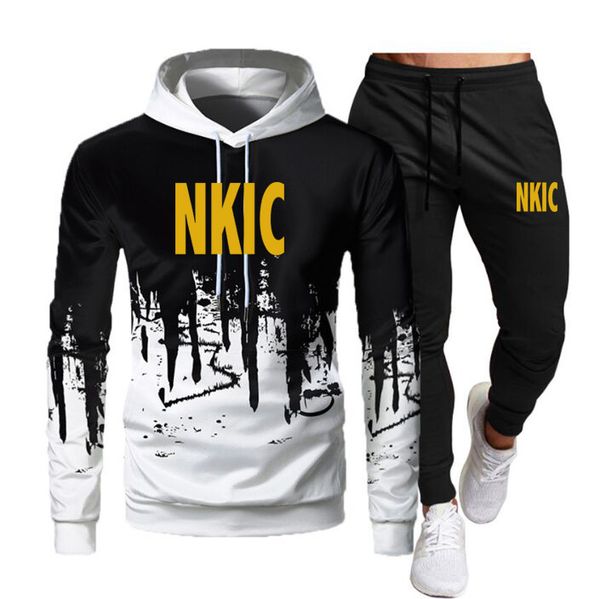 

sets tracksuit men autumn winter hooded sweatshirt drawstring outfit sportswear 2023 male suit pullover two piece set casual brand logo prin, Gray