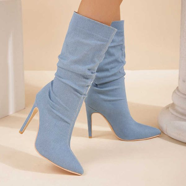 

autumn and winter new fashion large pointed toe denim middle pleated slim high heel long boots, Black