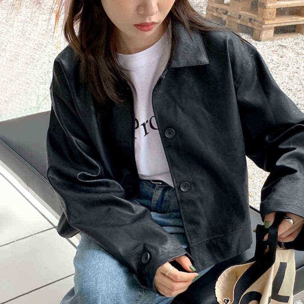 

ftlzz new spring autumn women casual pu jacket turndown collar single breasted jacket lady loose fashion short jacket j220727, Black