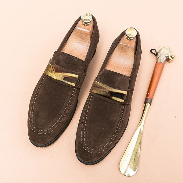 

classic loafers men shoes fashion round toe solid color faux suede metal decoration business casual wedding party everyday versatile ad187, Black
