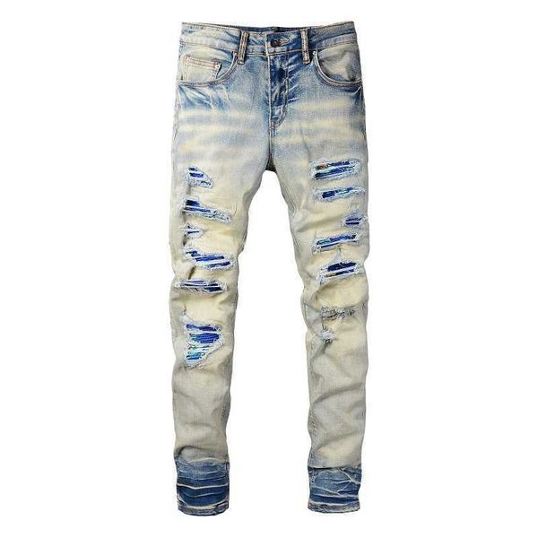

men's jeans men cracked blue pleated patch biker jeans streetwear holes ripped distressed patchwork stretch denim pants slim skinny tro