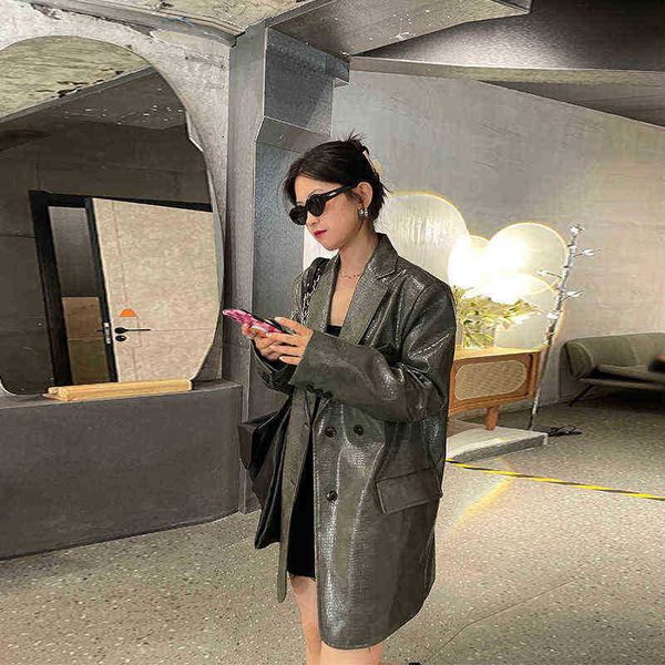 

women's faux leather blazer spring autumn new lapels long sleeves loose crocodile pattern pu leather jacket clothing jaqueta feminina j, Black