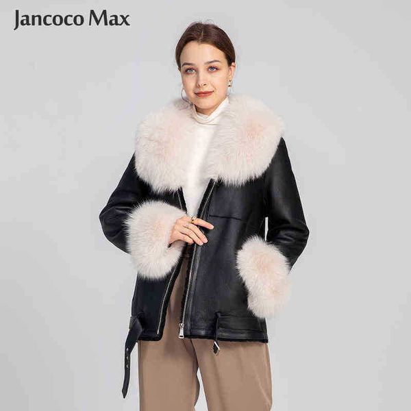 

2021 women genuine sheepskin shearling jacket genuine lamb fur leather jacket genuine fox collar double face jacket winter s3625 j220727, Black