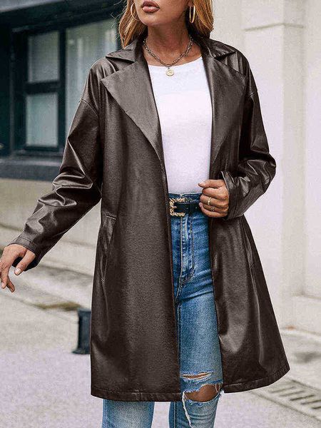 

ailegogo 2022 new spring autumn women pu faux leather long jacket with belt streetwear female moto biker lapel jacket outfit j220727, Black