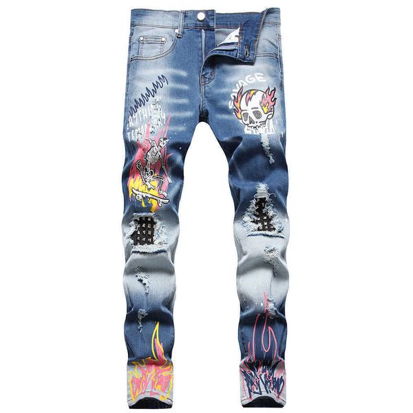 

men's jeans men skull flame printed denim jeans streetwear skateboard rivet punk stretch pants ripped patchwork slim straight trousers, Blue