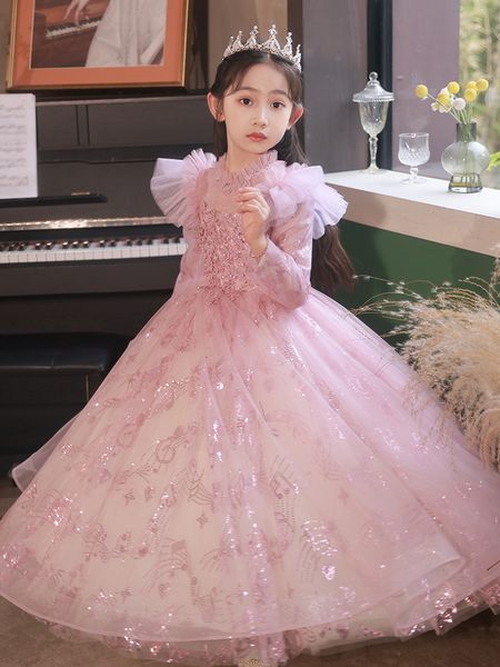 

long sleeves flower girls dresses with lace appliques beads bow sheer neckline girl pageant dress back birthday luxury kids communion dress, White;blue