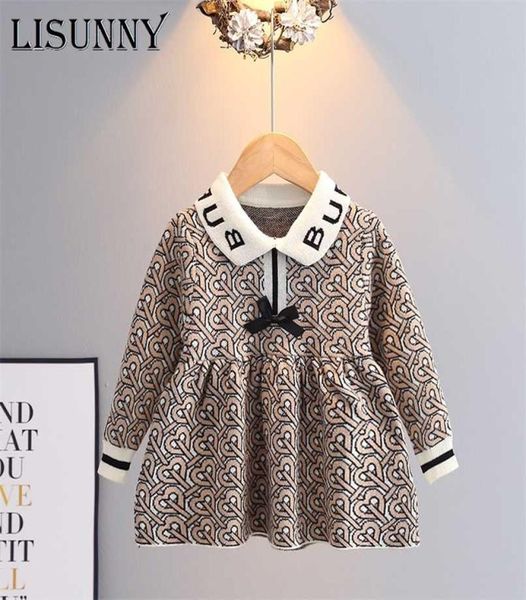 

autumn winter girl sweater dress princess kids baby children cloth pullover sweet knitted dressrs bow jumper 15y 2112278457836, Blue