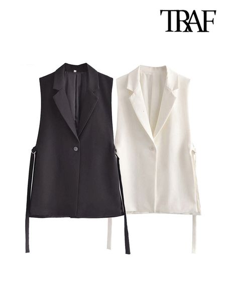 

women's vests traf women fashion with tabs single button office wear waistcoat vintage sleeveless side vents female vest coat chic vest, Black;white