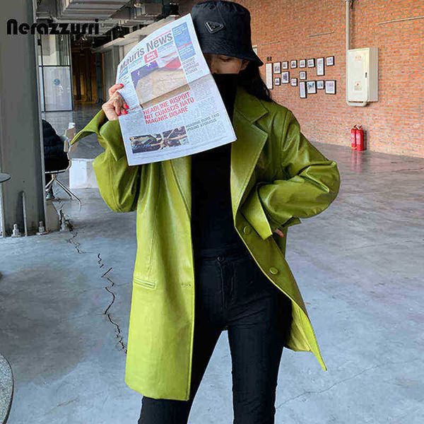 

nerazzurri autumn oversized bright soft colored faux leather blazer jacket women long sleeve loose stylish korean fashion 2021 j220727, Black