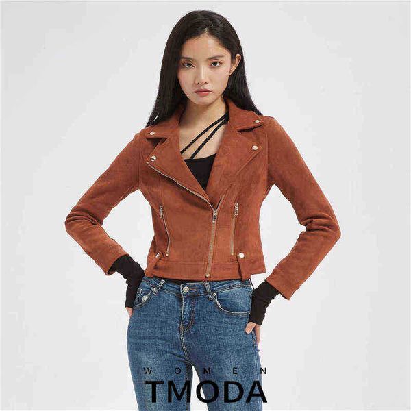 

tmoda2123 2022 women autumn winter suede faux leather jackets lady fashion matte motorcycle jacket red brown zipper outerwear j220727, Black