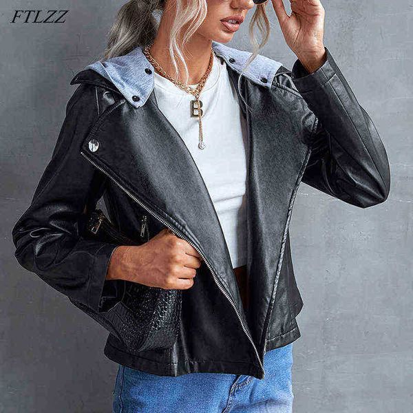 

ftlzz new spring autumn women hooded detachable faux soft leather short jacket streetwear female zipper pu leather jacket outfit j220727, Black