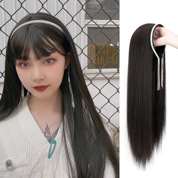 

women's hair wigs lace synthetic wig female tassel u-net long straight removable hair hoop half head set, Black