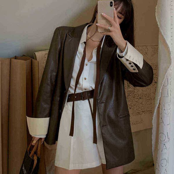 

leather jacket women korean fashion ol leather blazers women harajuku streetwear patchwork y2k leather moto jacket 2021 autumn j220727, Black