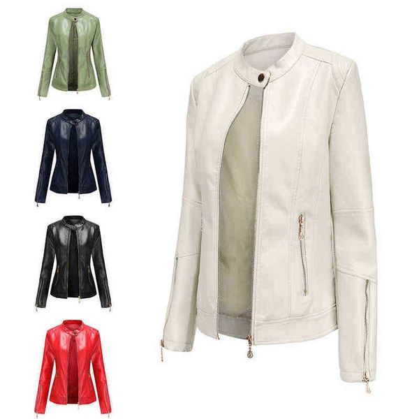 

2022 spring autumn new women's faux leather jacket women zipper pu leather jacket stand collar black red green motor biker coat j220727