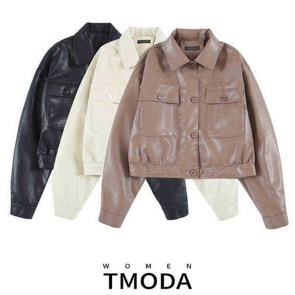 

tmoda2121 autumn pu leather jacket women loose soft vintage motorcycle biker single breasted casual short leather jacket female j220727, Black