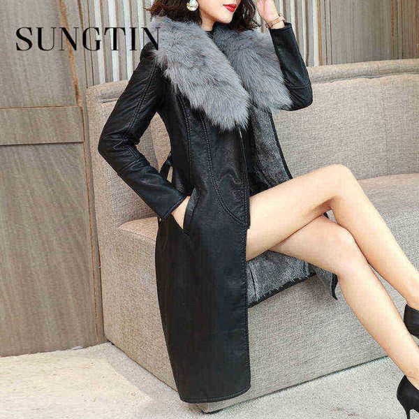 

sungtin pu leather long sleeves winter jacket and coat for women fur collar faux leather jacket korean soft plush lining warm j220727, Black